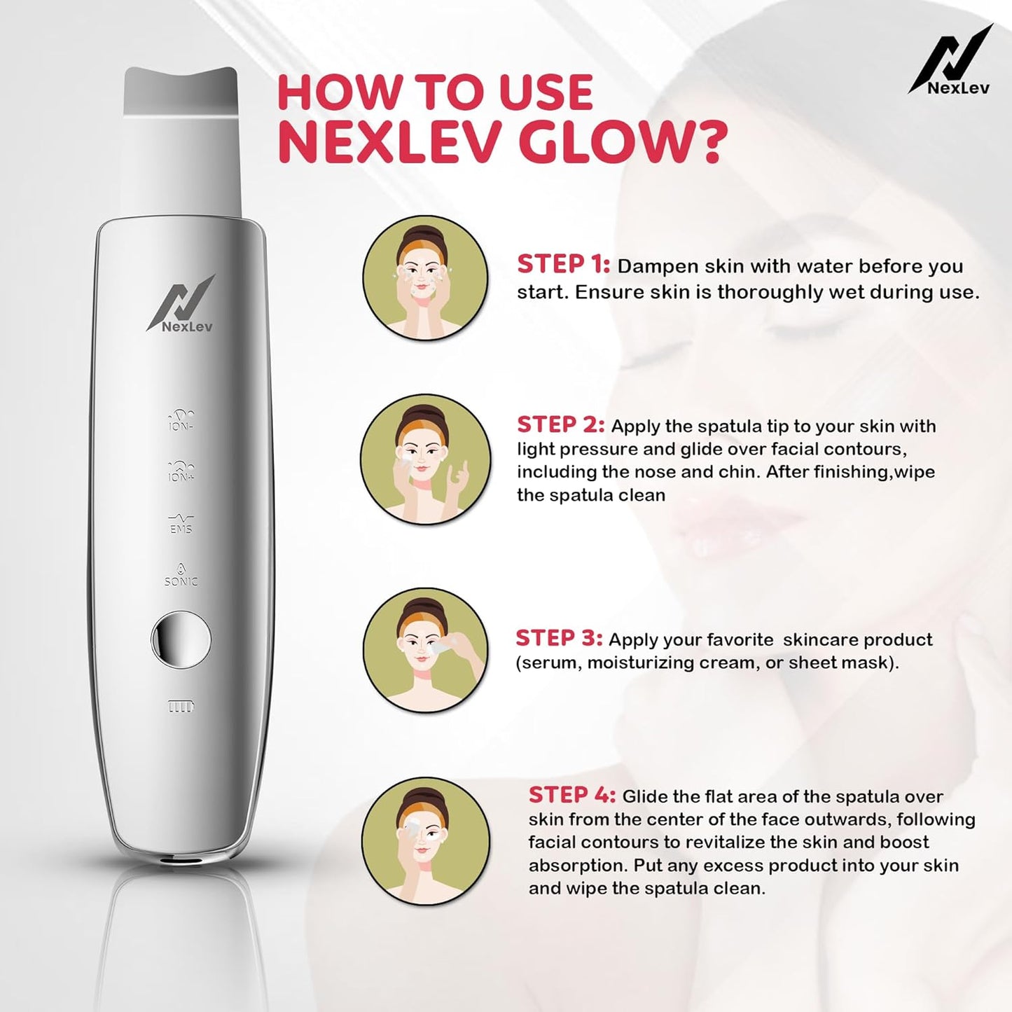 Nexlev Skin Scrubber LE-03 |Red & Blue LED Therapy | Ultrasonic, EMS & Ionic Modes