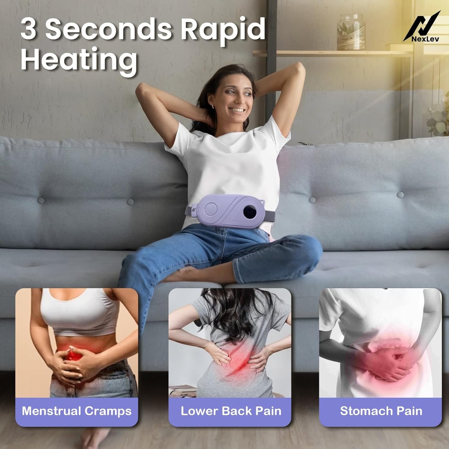 NexLev Cordless Electric Heating Pad| Period Cramp & Back Pain Relief Massager | 3 massage modes CM-02