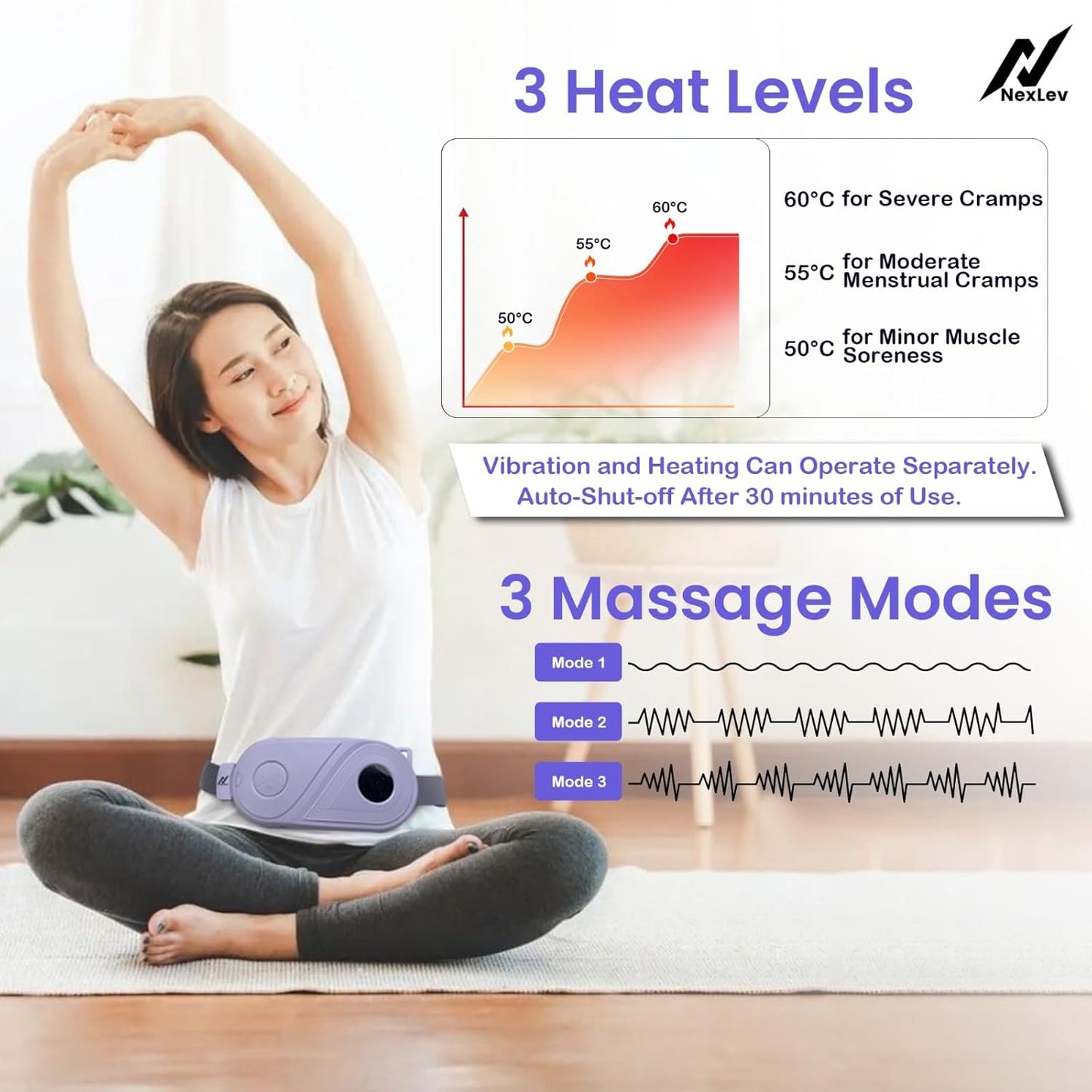 NexLev Cordless Electric Heating Pad| Period Cramp & Back Pain Relief Massager | 3 massage modes CM-02