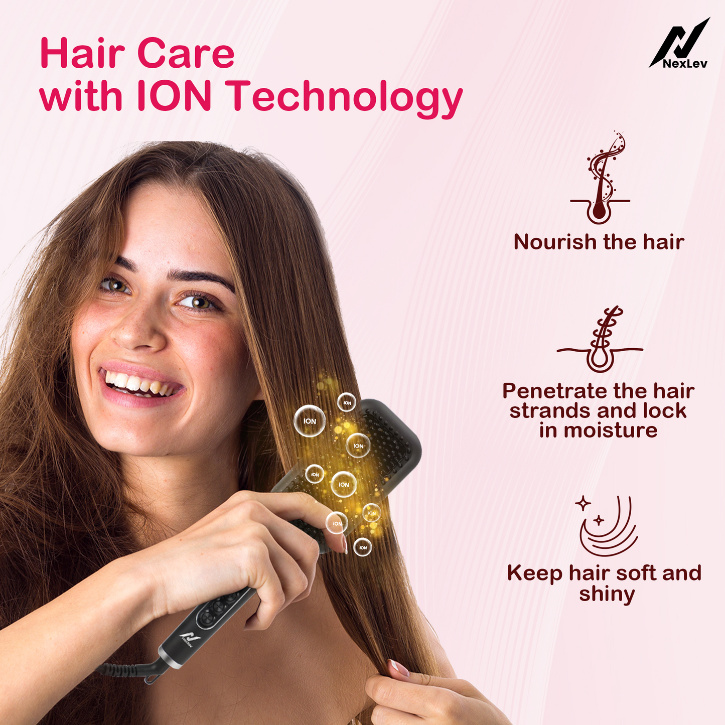 NexLev Hair Straightener Brush | Ceramic Coated Wide Plate| Anti-Frizz Professional Styling with iON Technology HSB-03