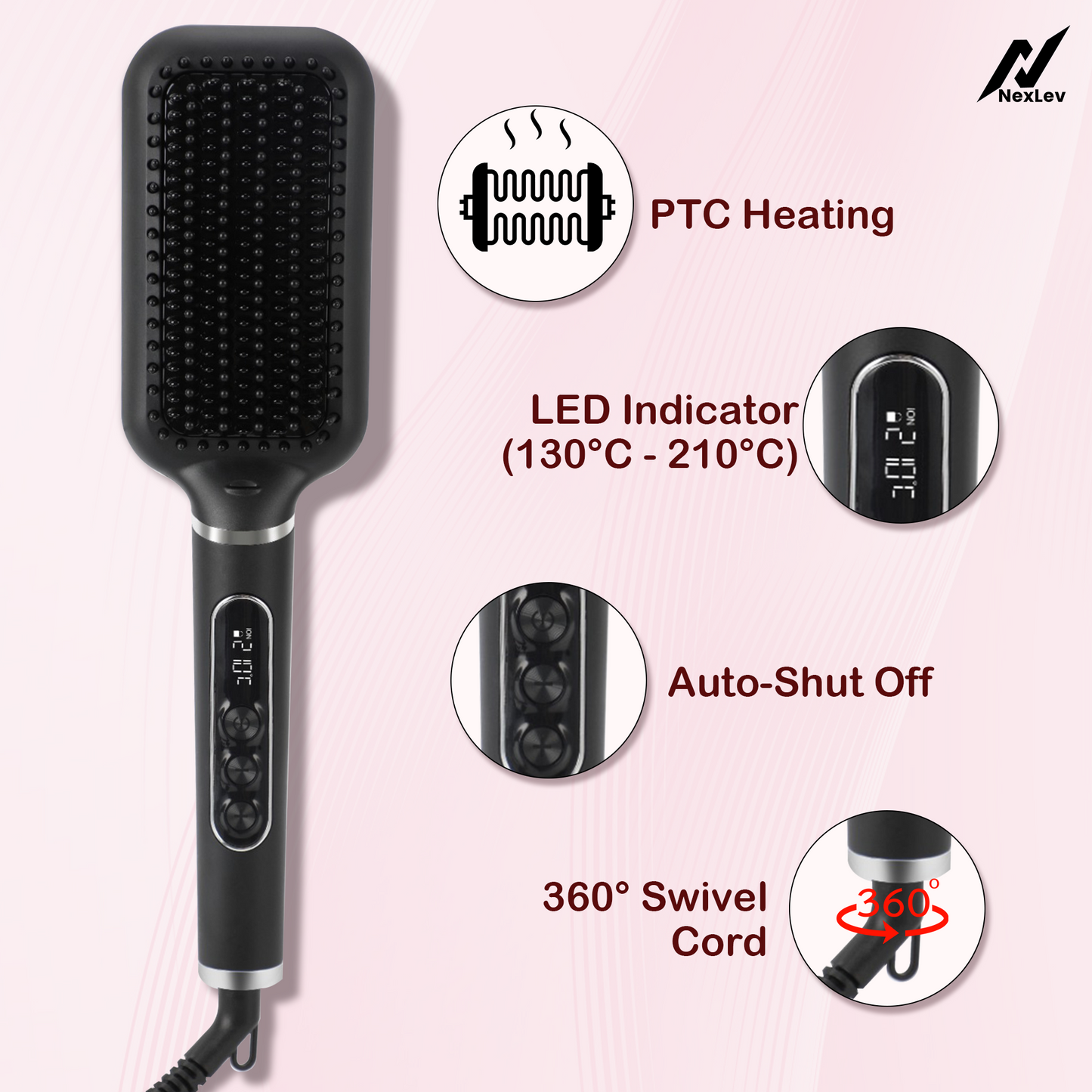 NexLev Hair Straightener Brush | Ceramic Coated Wide Plate| Anti-Frizz Professional Styling with iON Technology HSB-03