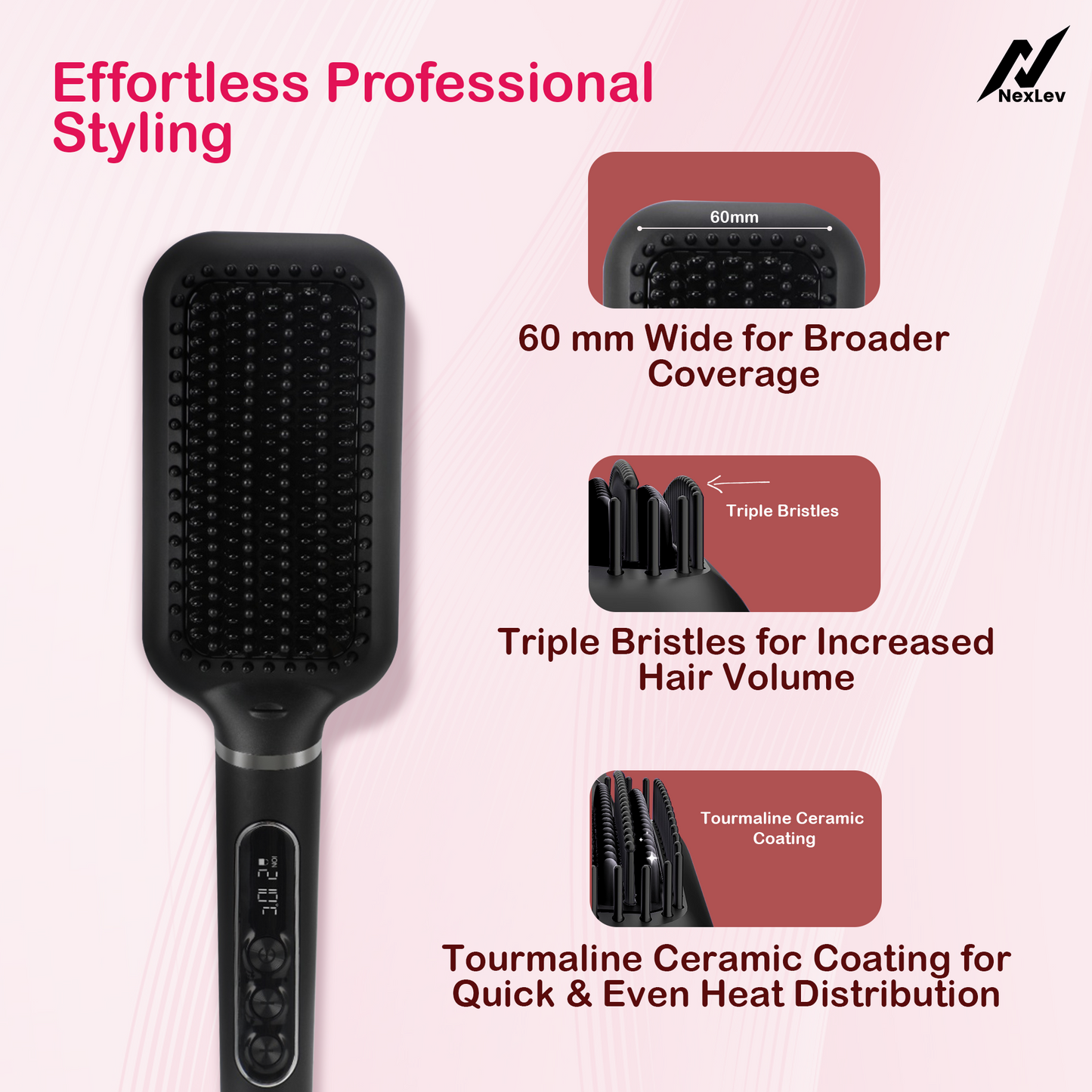 NexLev Hair Straightener Brush | Ceramic Coated Wide Plate| Anti-Frizz Professional Styling with iON Technology HSB-03