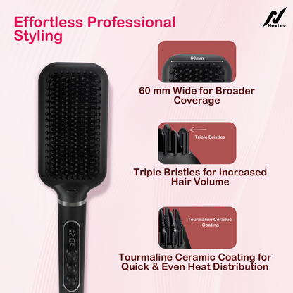 NexLev Hair Straightener Brush | Ceramic Coated Wide Plate| Anti-Frizz Professional Styling with iON Technology HSB-03
